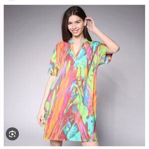 NATORI | Paradise Cotton Dress Split Crewneck Watercolor Sz LARGE